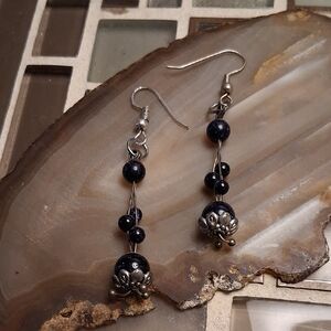 Vintage Navy Blue Bead Dangle Earrings with Silver Accents